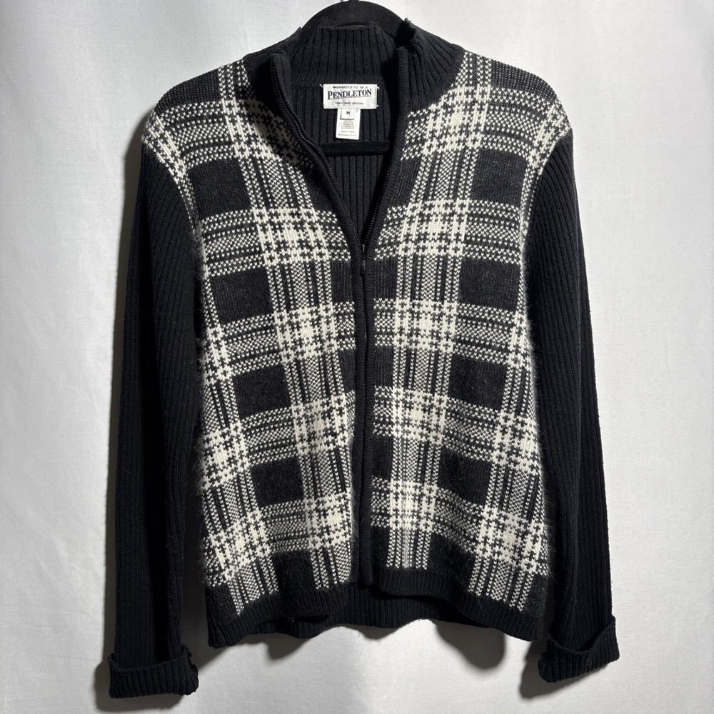 Pendleton Womens Black White Plaid Zip Up Sweater M Silk Angora Cashmere Wool - Picture 1 of 9